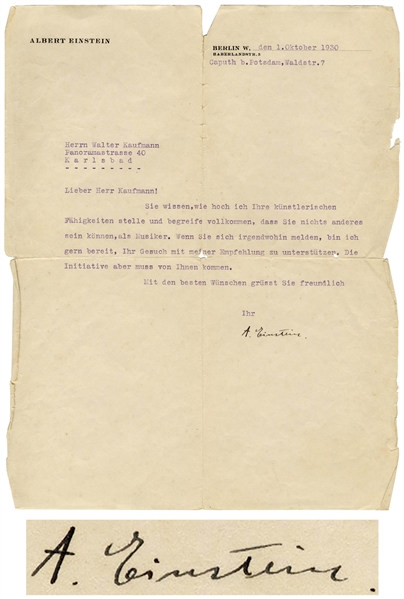 Albert Einstein Letter Signed to Composer Walter Kaufmann -- ...You know how highly I esteem your artistic competencies...